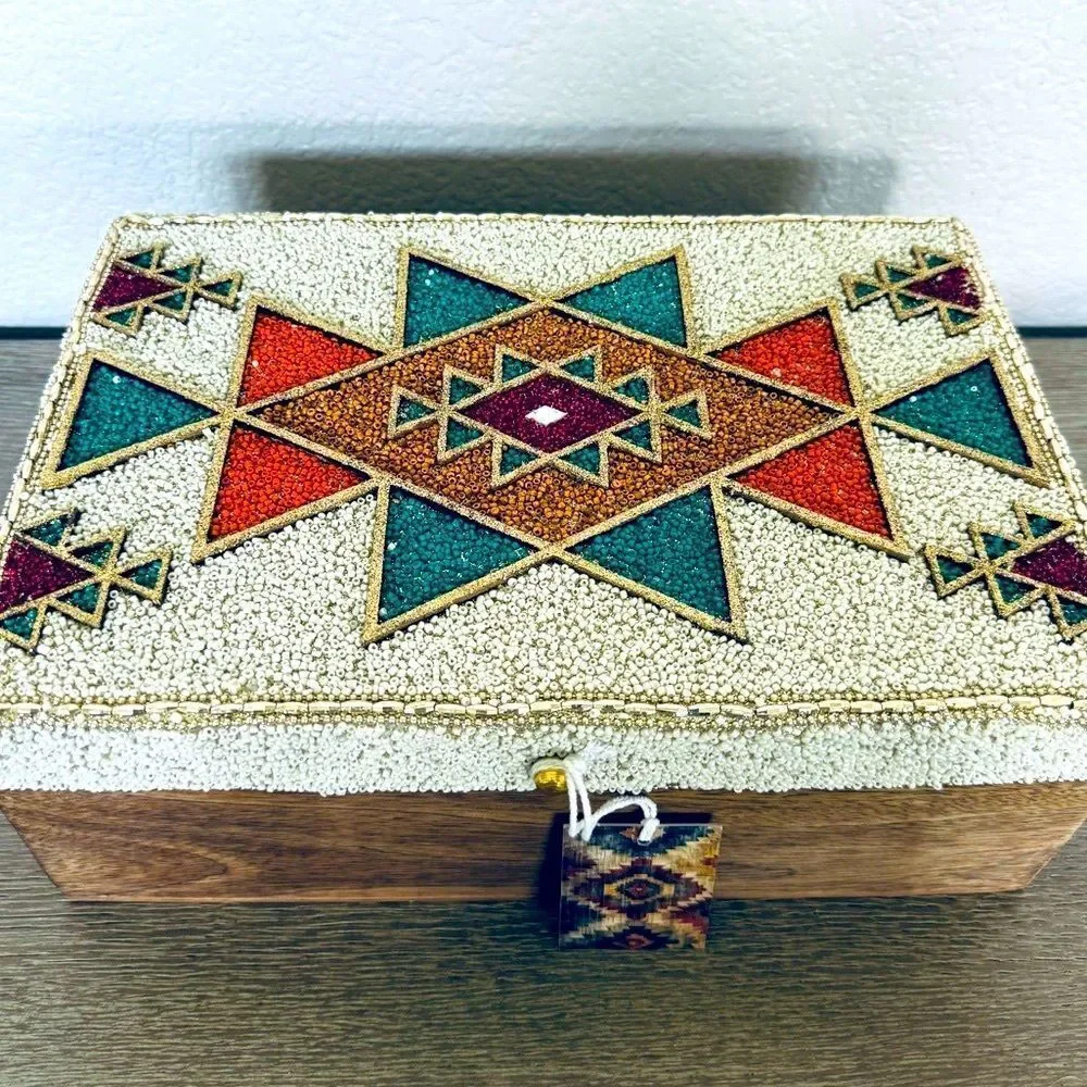 Southwest Western Aztec Tribal Beaded Teal Orange Gold Decor Storage Box